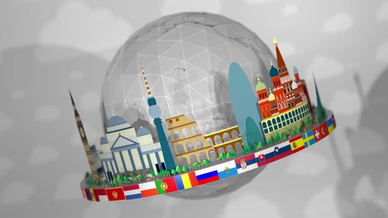 3D Globe of Famous European Landmarks, including all European Flags: Seamless Loop