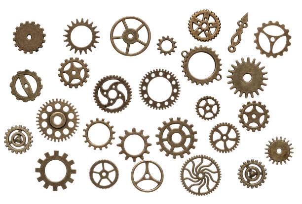 白い背景で隔離の真鍮製歯車 - clockworks machine part gear clock ストックフォトと画像