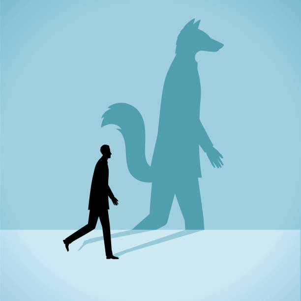 Personality Illustration The silhouette of a man who has the the shadow of a fox Liar stock illustrations