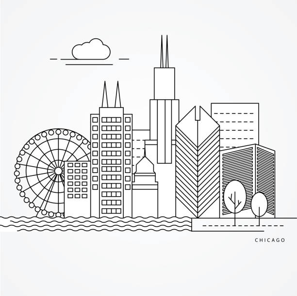 Print Linear illustration of Chicago, US. Flat one line style. Trendy vector illustration. Architecture line cityscape with famous landmarks, city sights, design icons. Editable strokes chicago stock illustrations