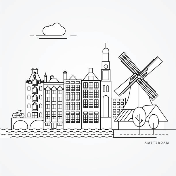 Print Linear illustration of Amsterdam, Netherlands. Flat one line style. Trendy vector illustration. Architecture line cityscape with famous landmarks, city sights, design icons. Editable strokes canal house stock illustrations