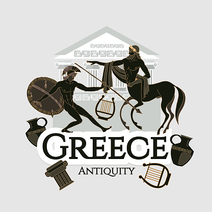 Travel to Ancient Greece. Collection of symbolic elements mythology. Template travel background. Traditions and culture, Welcome to Greece