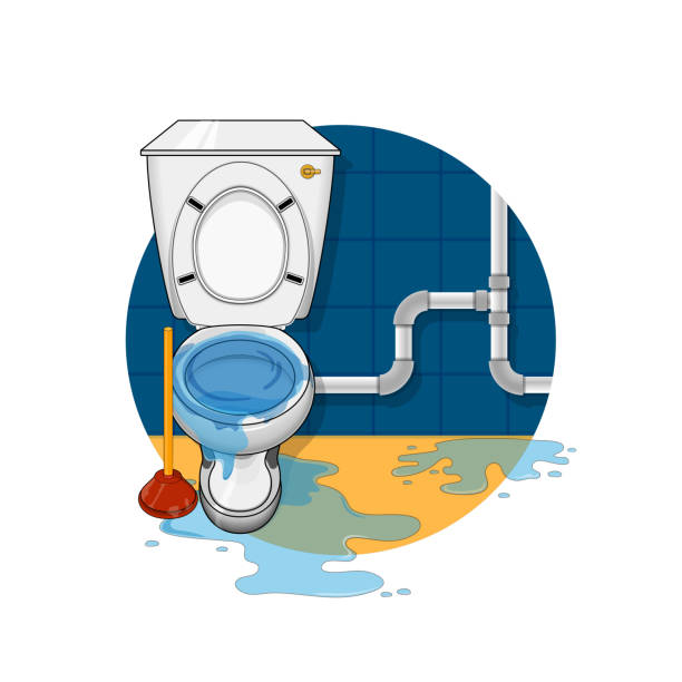 ilustraciones, imágenes clip art, dibujos animados e iconos de stock de servicio de plomería de baño - derramar lleno