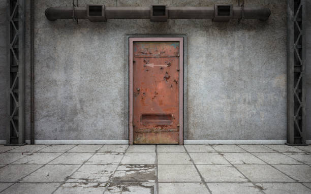 Dark concrete walls room with old door