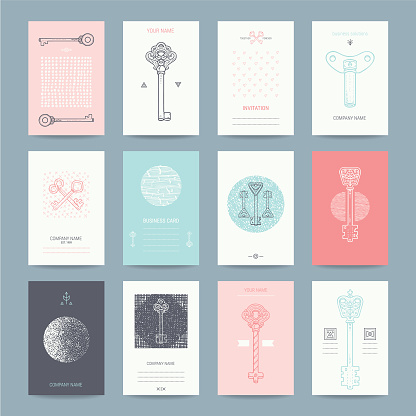 Company, individual business cards, corporate invitations. Creative templates collection of card, banner, brochure, flyer with hand drawn textures, antique keys, thin line icons. Isolated vector.