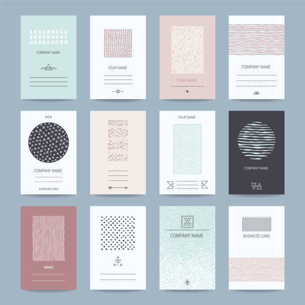 Business, Company Cards Templates Collection Company, individual business cards. Creative templates collection of card, banner, brochure with hand drawn textures, brush strokes, trendy thin line symbols, geometric illustrations. Isolated vector. hipster background stock illustrations