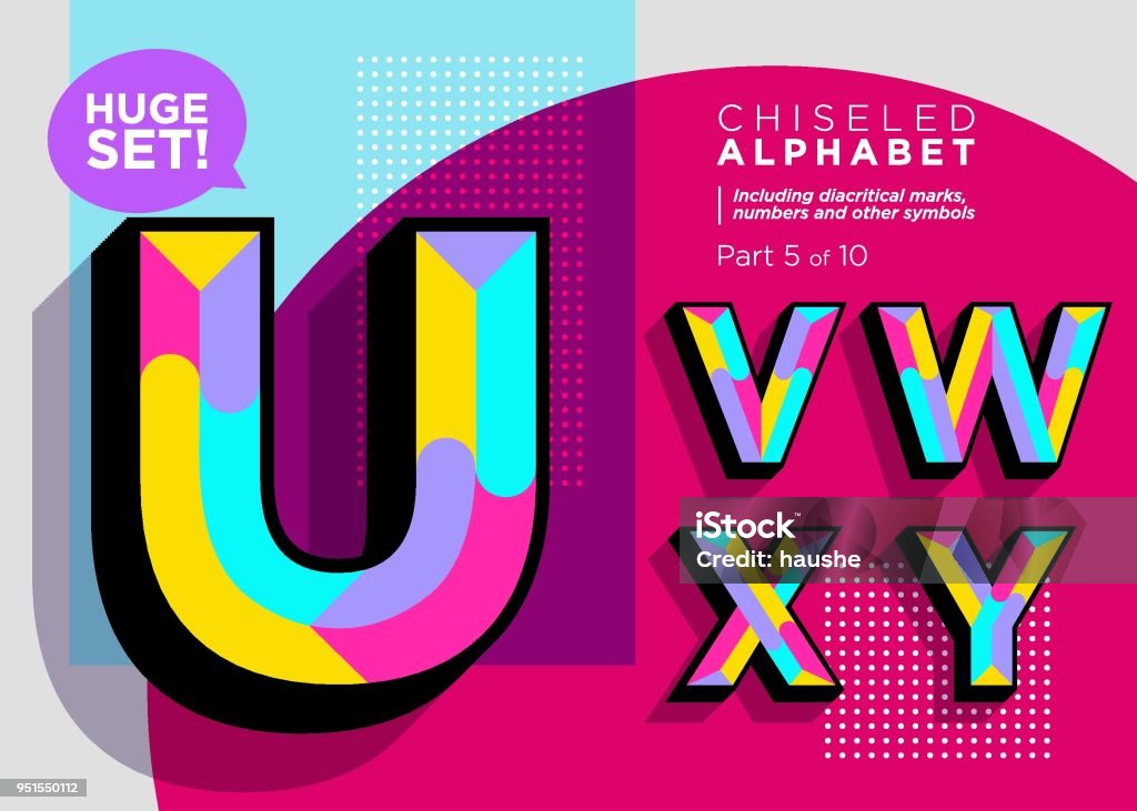 Vector Mosaic Typeset. Textured Geometric Type. Trendy Polygonal Typography for Music Poster, Sale Card, Fest Banner, Game Design. Retro Vibrant Alphabet. Colorful Hipster Background. Funky Font. Typescript stock vector