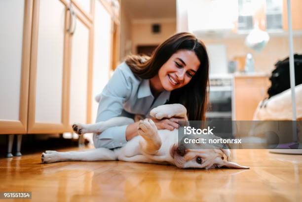Portrait Of Beautiful Young Woman With Dog Playing At Home Stock Photo - Download Image Now