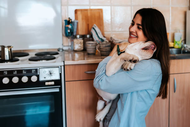 istock Young woman hugging her dog in apartment. 951551366