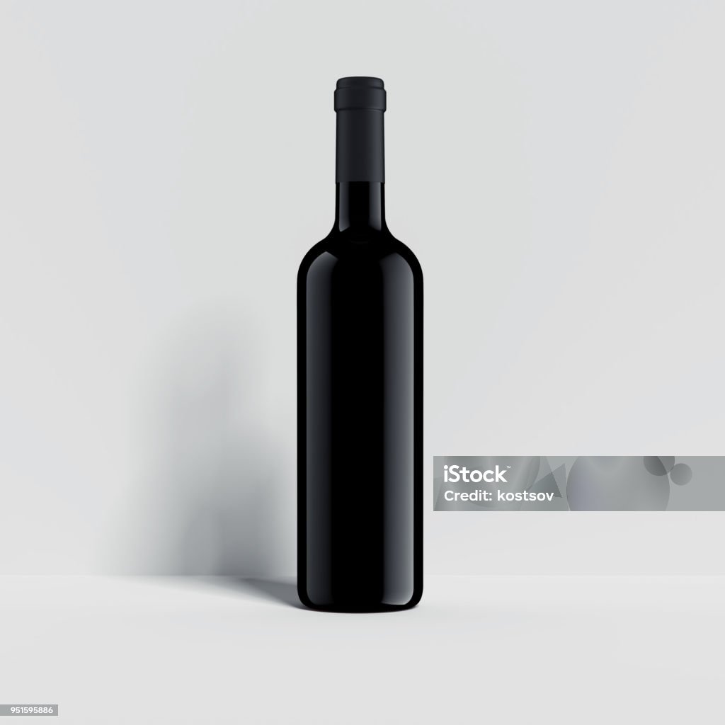 Black wine bottle on the white background, 3d rendering Black wine bottle on the white background with shadow on the wall, 3d rendering Wine Bottle Stock Photo