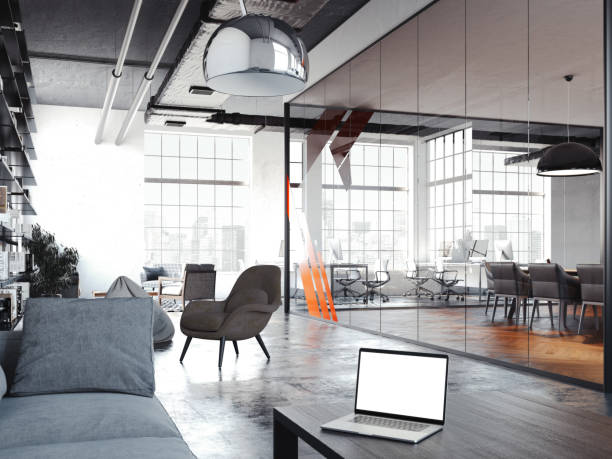 Modern office room for rest with transparent glass walls, 3d rendering