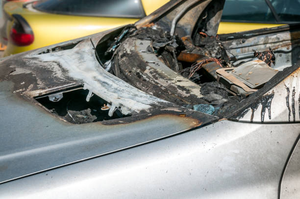 istock Total damage on new expensive burned car in fire on the parking lot, selective focus close up 951618938