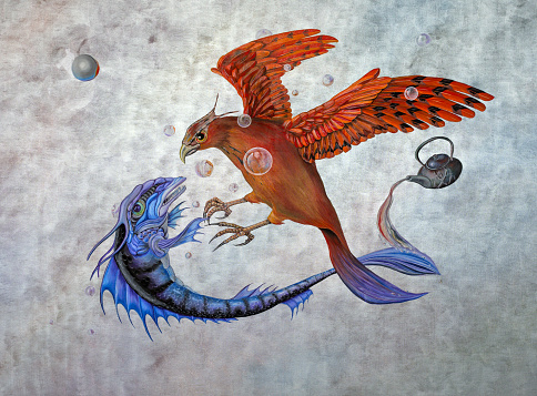 Original oil on canvas painting depicting the conflict between a phoenix and a mythological fish in a celestial battle
