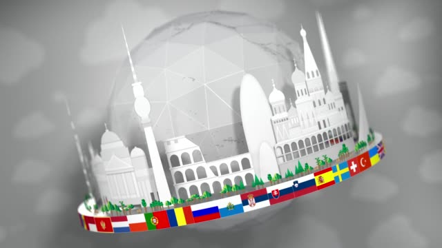3D Globe of Famous European Landmarks, Paper Cut-Outs, including all European Flags: Seamless Loop