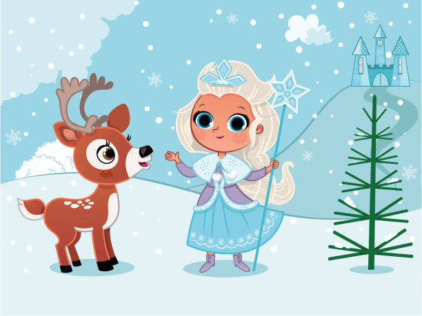 ilustraciones, imágenes clip art, dibujos animados e iconos de stock de princesa de invierno en la nieve con un ciervo. (ilustración vectorial) - computer graphic child snowflake vector