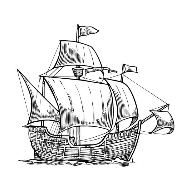 航海船漂浮在海浪上。迪瓦尼卡拉維爾與哥倫布的聖瑪麗亞。手繪設計項目。用於海報、標籤、郵戳的老式向量雕刻插圖。在白色背景上被隔離 - 銅版畫 插圖 幅插畫檔、美工圖案、卡通及圖標