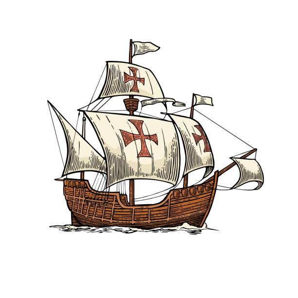 segelschiff auf den wellen des meeres treiben. karavelle santa maria. - voyager raumfahrzeug stock-grafiken, -clipart, -cartoons und -symbole