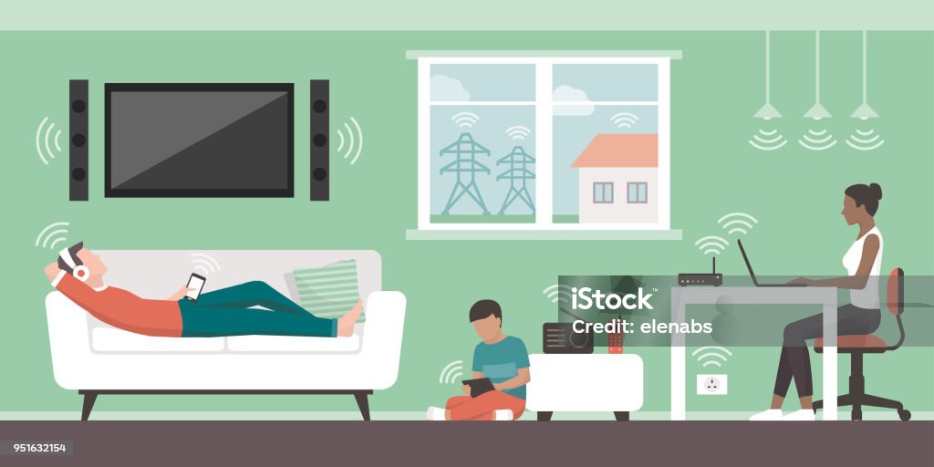 Electromagnetic fields in the home Electromagnetic fields in the home and sources: people living in their house and EMFs emitted by appliances and wireless devices Domestic Life stock vector