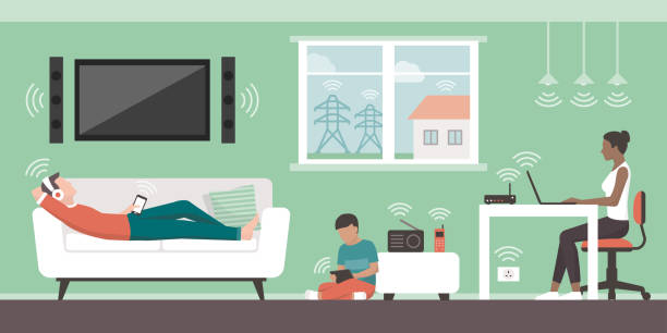 Electromagnetic fields in the home Electromagnetic fields in the home and sources: people living in their house and EMFs emitted by appliances and wireless devices power line illustrations stock illustrations