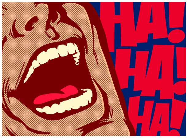 ilustraciones, imágenes clip art, dibujos animados e iconos de stock de boca de estilo de cómic pop art de hombre riendo en voz alta ilustración vectorial - sonreír ilustraciones