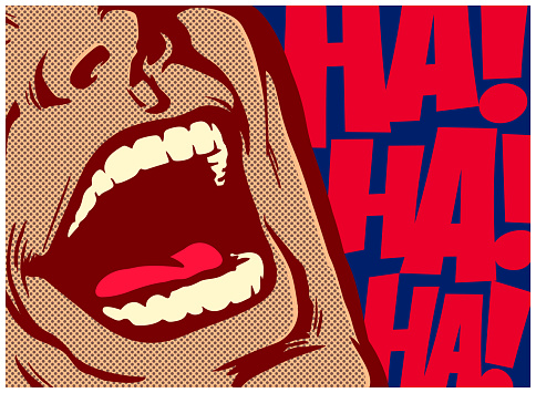 Pop art style comics panel mouth of man laughing out loud lol comedy vector illustration