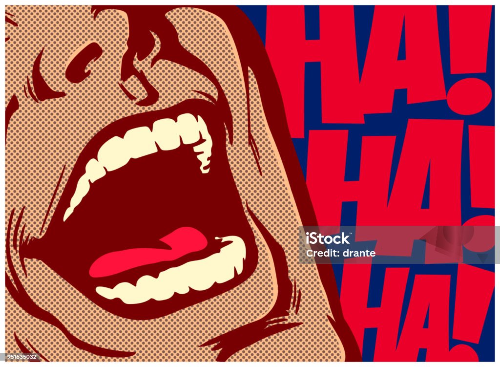 Pop art comic book style mouth of man laughing out loud vector illustration Pop art style comics panel mouth of man laughing out loud lol comedy vector illustration Laughing stock vector