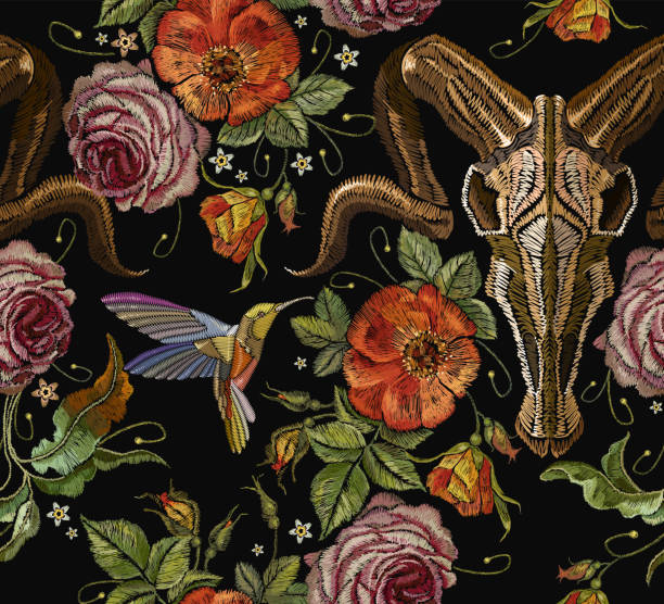 Embroidery bull skull, hummingbird and roses seamless pattern. Dia de muertos, day of the dead. Gothic romanntic embroidery buffalo skulls red roses and peonies tribal pattern, clothes art Embroidery bull skull, hummingbird and roses seamless pattern. Dia de muertos, day of the dead. Gothic romanntic embroidery buffalo skulls red roses and peonies tribal pattern, clothes art animals tattoos stock illustrations