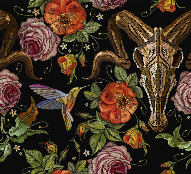 Embroidery bull skull, hummingbird and roses seamless pattern. Dia de muertos, day of the dead. Gothic romanntic embroidery buffalo skulls red roses and peonies tribal pattern, clothes art Embroidery bull skull, hummingbird and roses seamless pattern. Dia de muertos, day of the dead. Gothic romanntic embroidery buffalo skulls red roses and peonies tribal pattern, clothes art skull patterns stock illustrations