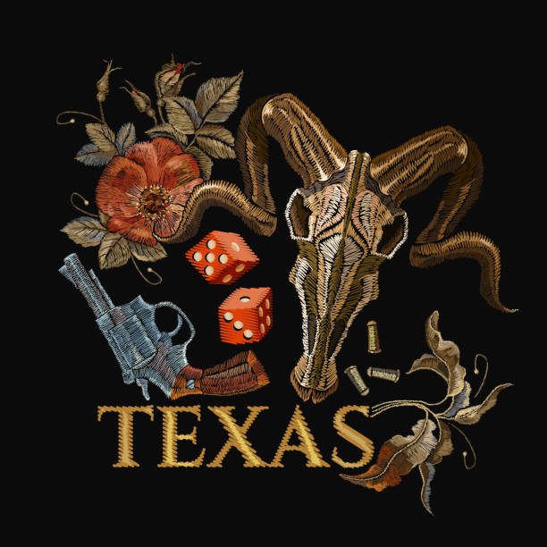 刺繍雄牛の頭蓋骨と銃、サイコロ、テキサス州のスローガン。カジノのコンセプトです。ワイルド ウエスト刺繍古い拳銃、バラ、バイソンの頭蓋骨、ギャング ゴシック ラスベガス - indigenous culture southwest usa art american culture点のイラスト素材／クリップアート素材／マンガ素材／アイコン素材
