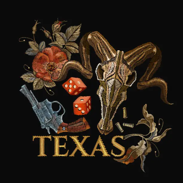 Vector illustration of Embroidery bull skulls and guns, dice, Texas slogan. Casino concept. Wild west embroidery old revolvers, roses, bison skulls, gangster gothic Las Vegas art