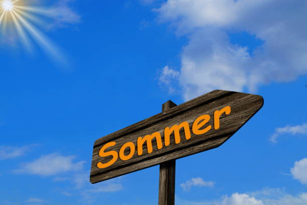 istock Sun, blue sky and a directional arrow with the imprint summer 951642988