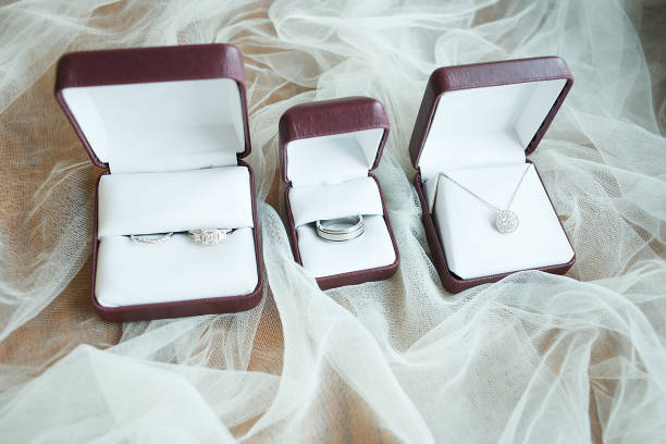 istock Wedding rings on wedding card on a white veil background 951648156