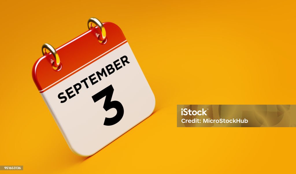 September 3 Calendar On Yellow Background September 3 calendar on yellow background. Panoramic composition with copy space. Labor day reminder concept. Labor Day - North American Holiday Stock Photo
