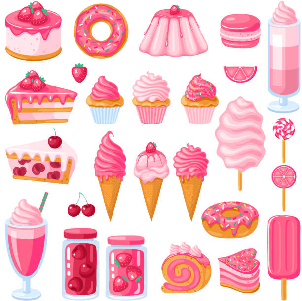 Big set of pink sweet food. Donut, ice cream, muffins, smoothies, macaroons and candies. Vector illustration Big set of pink sweet food. Donut, ice cream, muffins, smoothies, macaroons and candies. Vector illustration mousse dessert stock illustrations