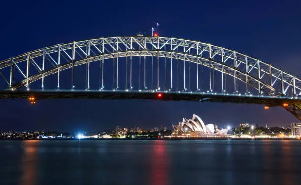 Long exposure of the Sydney Harbour Bridge at night set against a deep blue sky and illuminated by city night lights.