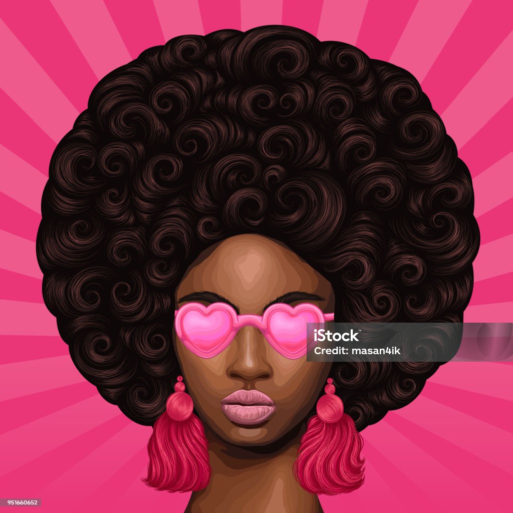 Vector colored portrait of a African girl with magnificent curly afro hairstyle in retro style. Close-up face fashion model in pink heart shaped glasses with earrings tassels. Pop Art sun rays back Vector portrait of a African girl with magnificent curly afro hairstyle in retro style. Close-up face fashion model in pink heart shaped glasses with earrings tassels. Pop Art sun rays back Afro Hairstyle stock vector