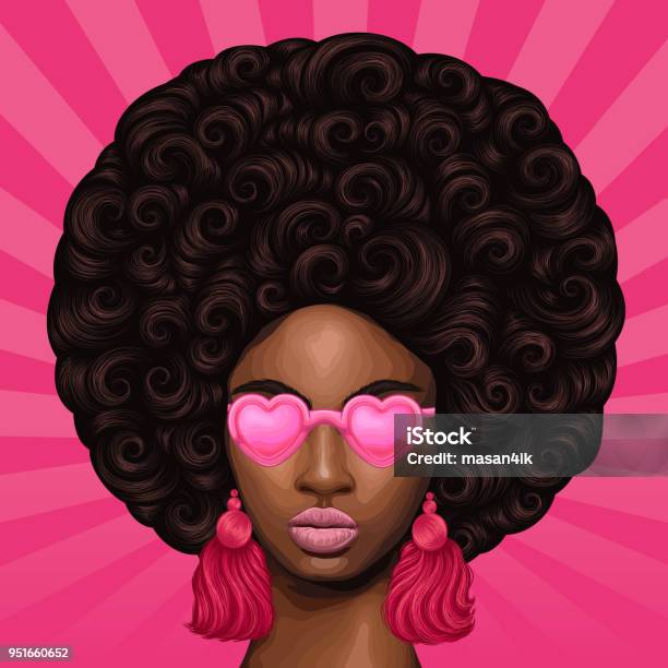 Vector Colored Portrait Of A African Girl With Magnificent Curly Afro Hairstyle In Retro Style Closeup Face Fashion Model In Pink Heart Shaped Glasses With Earrings Tassels Pop Art Sun Rays Back Stock Illustration - Download Image Now