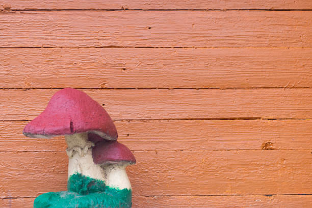 decorative garden mushroom figure on a wooden painted wall background with space for copy