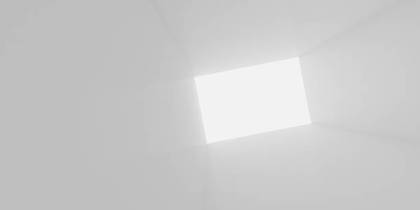 White stairway goes up to glowing door