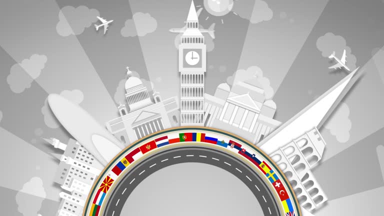 Famous European Landmarks, White Paper Cut-Outs. Semi-Circle Looping.