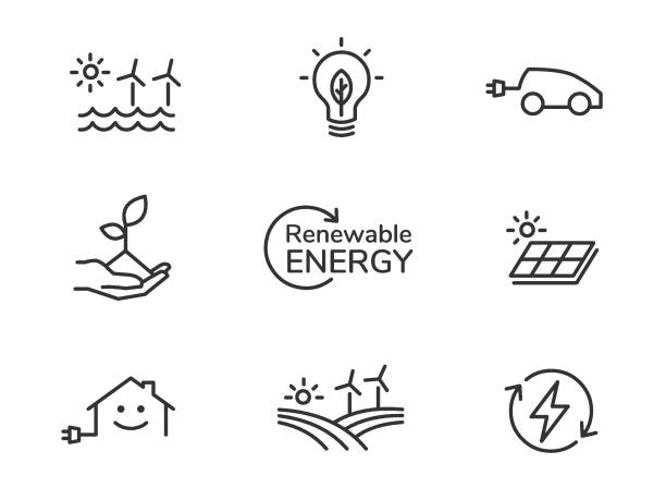 illustrazioni stock, clip art, cartoni animati e icone di tendenza di icone delle energie rinnovabili - pannelli solari