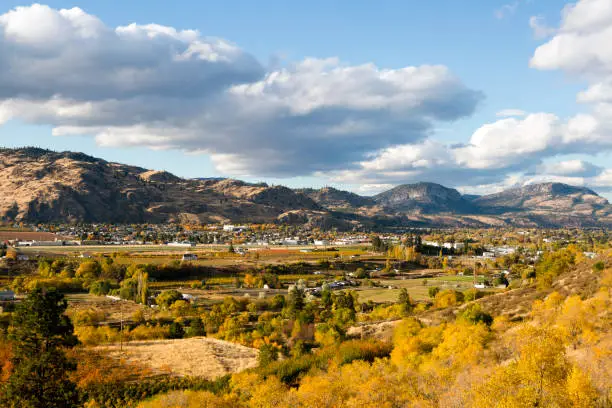 Scenic autumn view of the rural landscape of Oliver located in the Okanagan Valley of British Columbia, Canada.