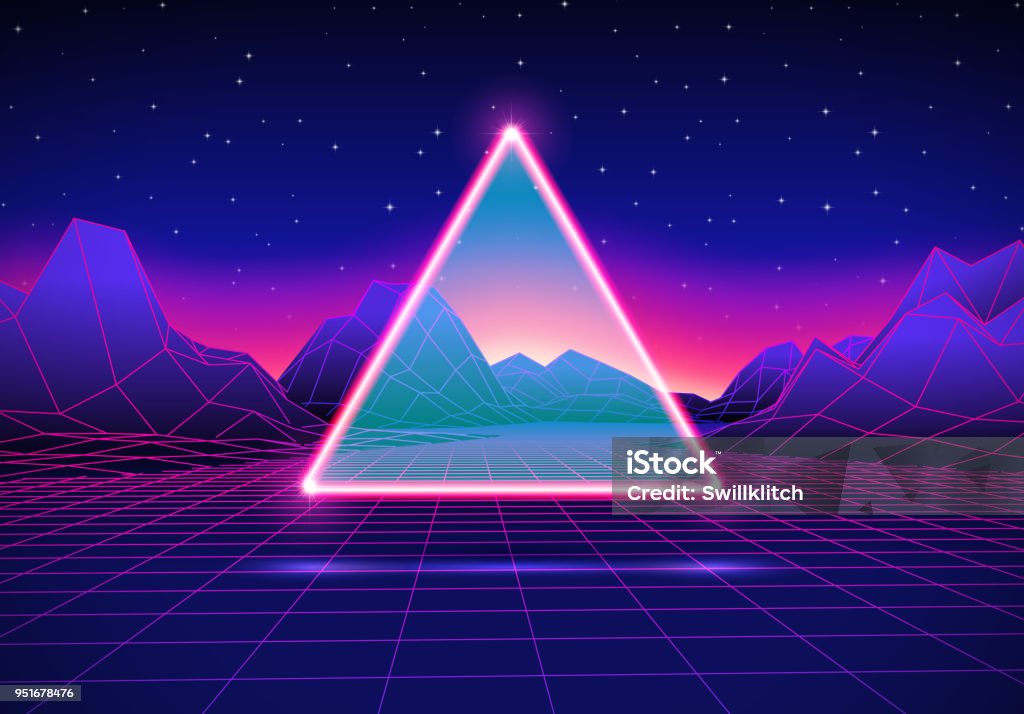 Retro futuristic landscape with triangle and shiny grid Retro styled futuristic landscape with triangle and shiny grid 1980-1989 stock vector