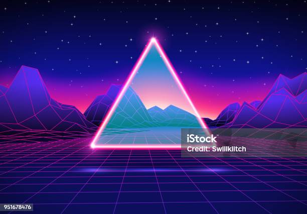 Retro Futuristic Landscape With Triangle And Shiny Grid Stock Illustration - Download Image Now