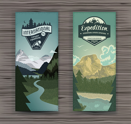 Tourism hiking holidays forest landscape with mountain peaks and two vertical banners. Set abstract isolated vector illustration