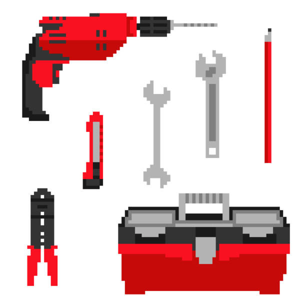 ilustrações de stock, clip art, desenhos animados e ícones de building repair tools in pixel vector - carpentry toolbox craft product work tool