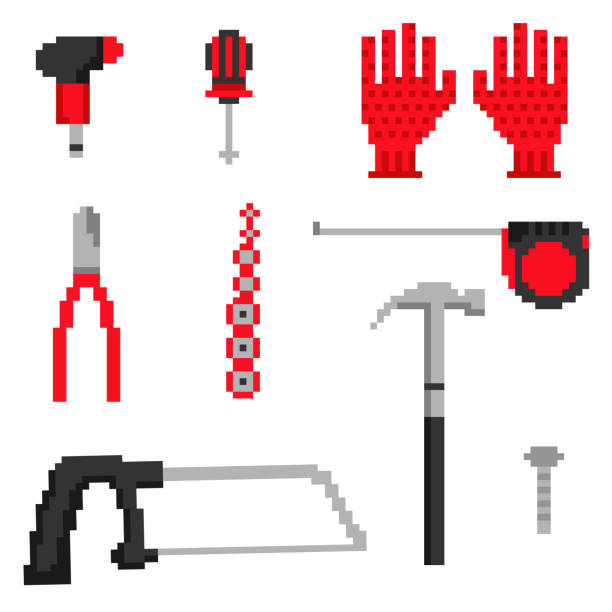 ilustrações de stock, clip art, desenhos animados e ícones de construction tools in pixel vector - carpentry toolbox craft product work tool