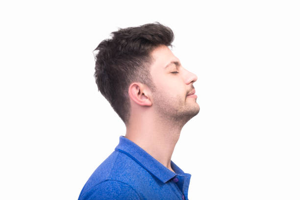 Profile view portrait of handsome young man with relaxed facial expression on a white background. Horizontal composition. Studio shot.