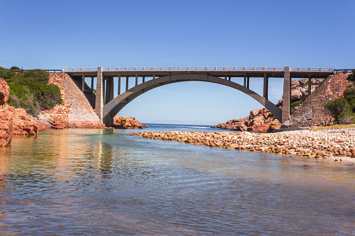 Bridge over the Steenbras River flowing from the Hottentots-Holland Mountains in Gordons bay, Cape Town, South Africa