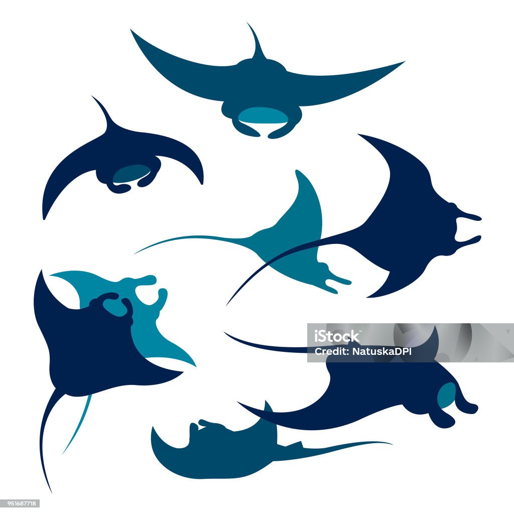 Set of mantas silhouette. Vector silhouette of mantas on a white background. Set of underwater animal - mantas. Manta Ray stock vector